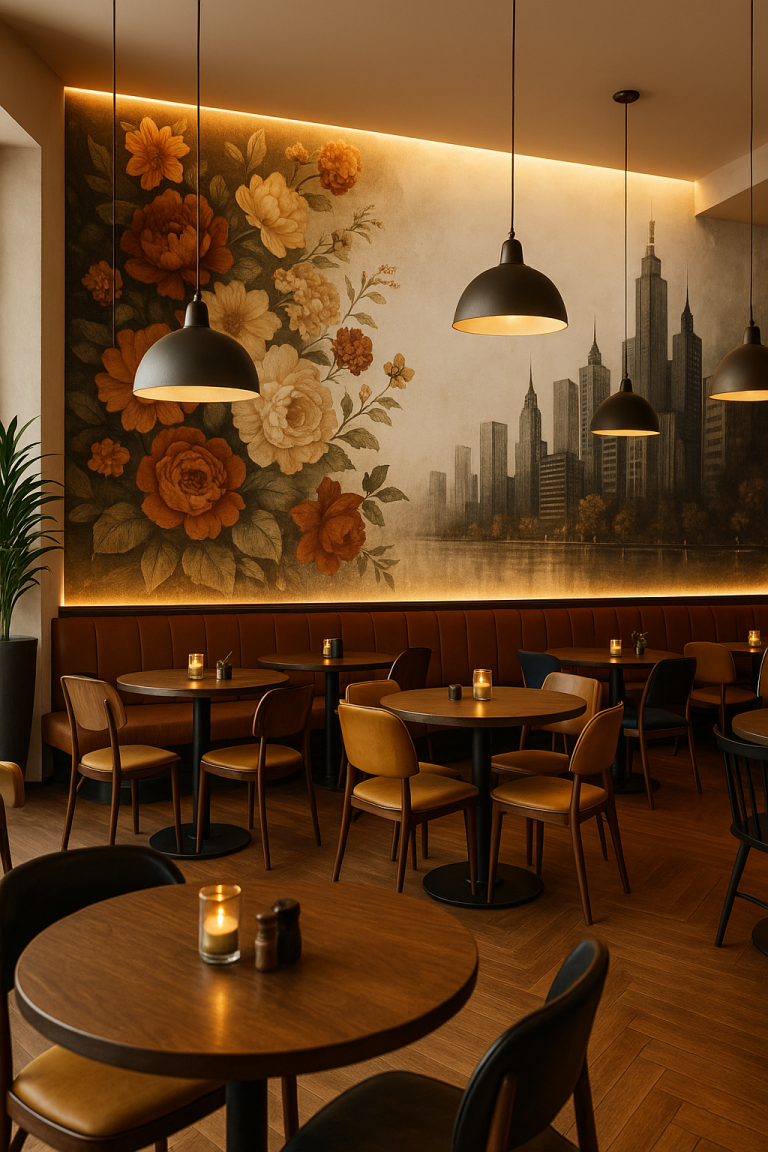 Restaurant – Wand 6 m × 3 m, florale Skyline-Kombination