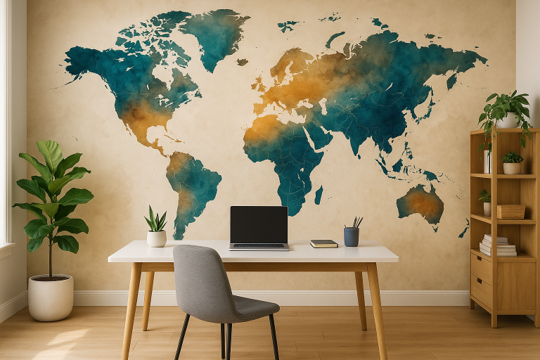 Büro Arbeitsraum – Wand 4 m × 2,5 m, Weltkarte in gedeckten Farben