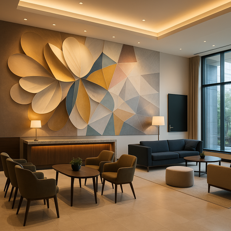 Hotellobby – Wand 3 m × 5 m, abstrakte 3D-Geometrie