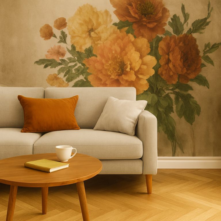 Wohnzimmer – Wand 3 m × 2,8 m, florales Motiv